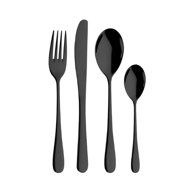 Glassware UK Pintinox Princess Black 24-piece cutlery set with forks, knives, and spoons arranged on a white background.