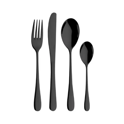 Glassware UK Pintinox Princess Black 24-piece cutlery set with forks, knives, and spoons arranged on a white background.
