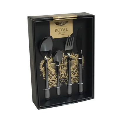 24-piece Pintinox Princess Black cutlery set with sleek black stainless steel forks, knives, and spoons arranged on a white surface.