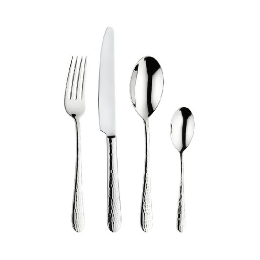 24-piece Pintinox Luna Steel Cutlery Set by Glassware UK with sleek stainless steel forks, knives, and spoons arranged on a white background.