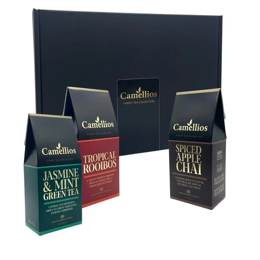 Camellios tea gift box with three exotic tea blends, featuring colorful packaging and a variety of flavorful infusions.