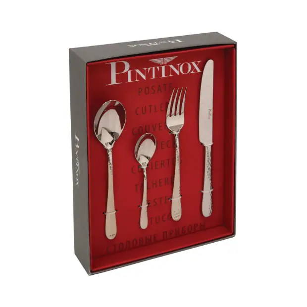 24-piece Pintinox Luna Steel cutlery set by Glassware UK, includes forks, knives, spoons, and teaspoons arranged on a table.