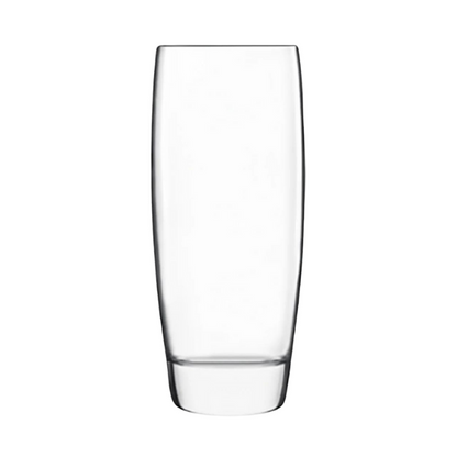 Set of six Luigi Bormioli whisky tumblers, 310ml highball glasses, clear glassware for cocktails and beverages.