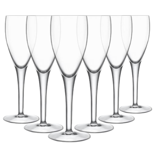 Set of six Crystalite champagne flutes by Glassware UK, 230ml clear glassware for celebratory drinks.