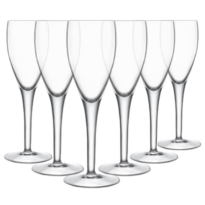 Set of six Luigi Bormioli champagne flutes, 160ml glassware with elegant, clear design for serving sparkling wine.