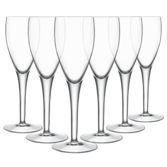 Set of six Luigi Bormioli champagne flutes, 160ml glassware with elegant, clear design for serving sparkling wine.