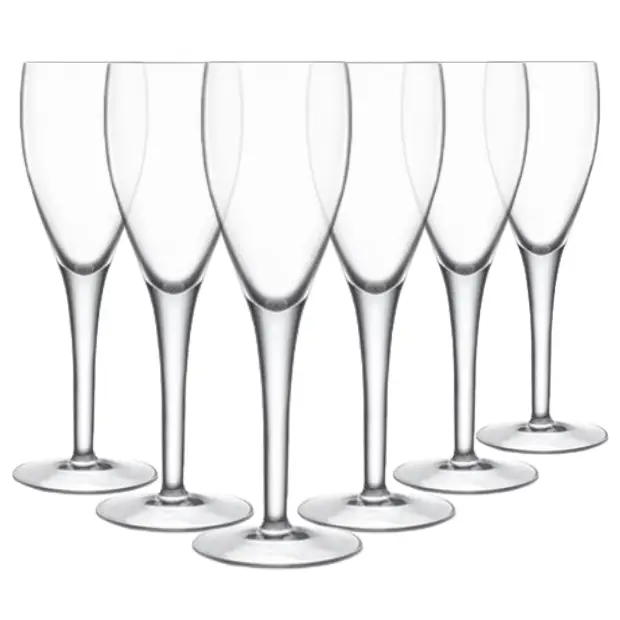 Set of six Crystalite Champagne Flutes by Glassware UK, 230ml tall glassware with elegant, clear crystal design.