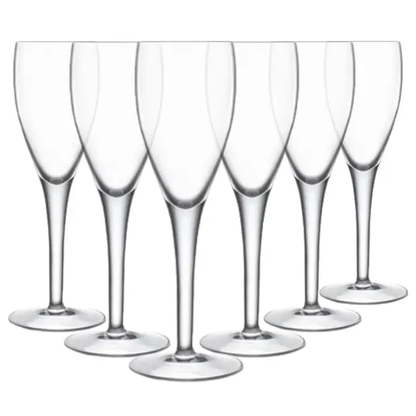 Set of six Crystalite Champagne Flutes by Glassware UK, 230ml tall glassware with elegant, clear crystal design.