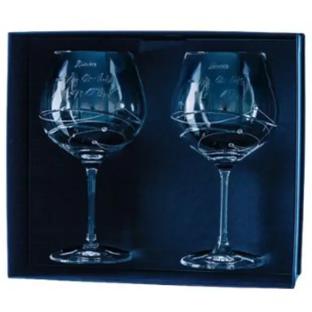 Set of two Diamante Gin Glasses with spiral design cuts by Glassware UK, displayed in a gift box, showcasing elegant glassware.