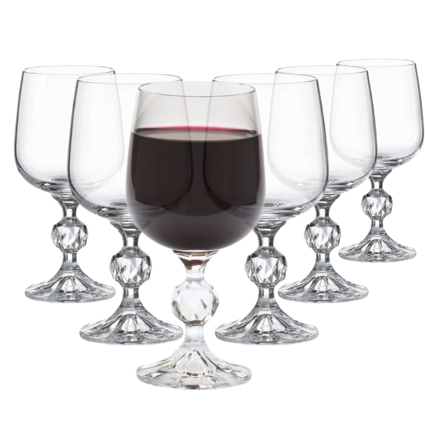 Set of six Claudia Crystalite large wine glasses from Glassware UK, 340ml capacity, clear glass with elegant bowl and stem.