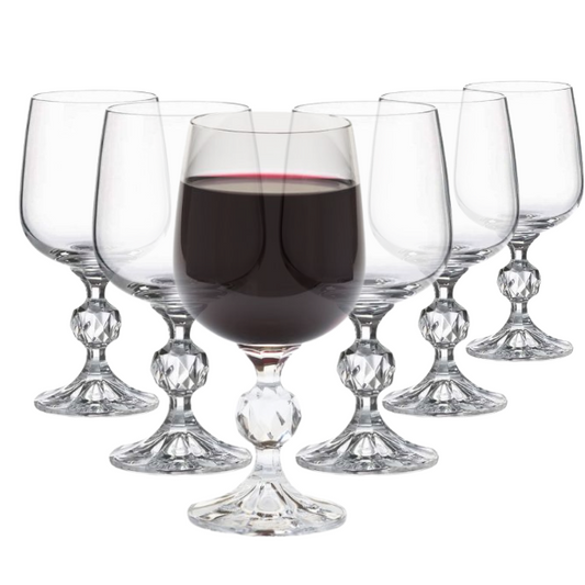 Set of six Claudia Crystalite large wine glasses from Glassware UK, 340ml capacity, clear glass with elegant bowl and stem.
