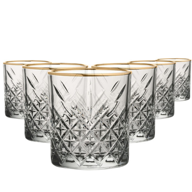 Six Timeless DOF gold rimmed glass whisky tumblers by Glassware UK, 360ml each, with clear, elegant design and gold detailing.