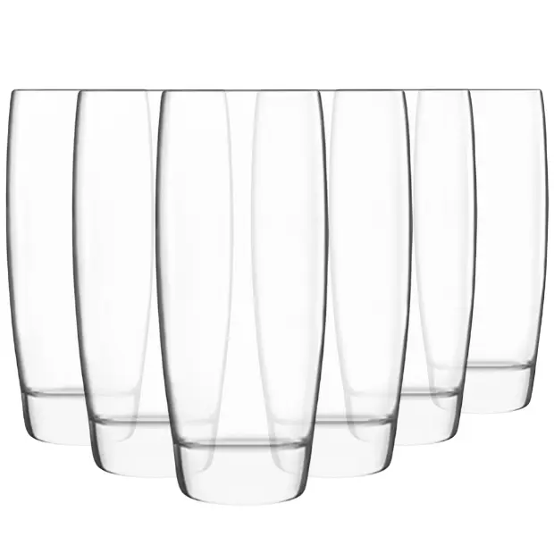 Set of six Luigi Bormioli highball glasses with 310ml capacity, clear whisky tumblers with sleek, modern design.