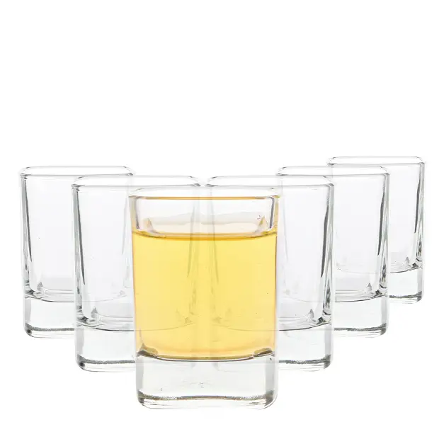 Set of six square shot glasses from Glassware UK, 60ml capacity, clear glass with a modern geometric design.