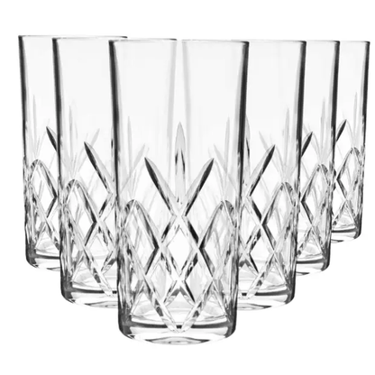 Set of six Flamenco Crystalite highball glasses by Glassware UK, 350ml whisky tumblers with a clear, stylish design.