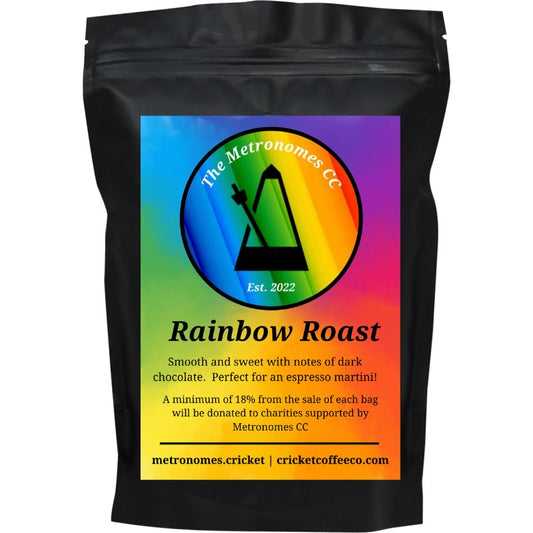 Clubhouse Roastery Rainbow Roast coffee bag featuring colorful rainbow design on packaging.