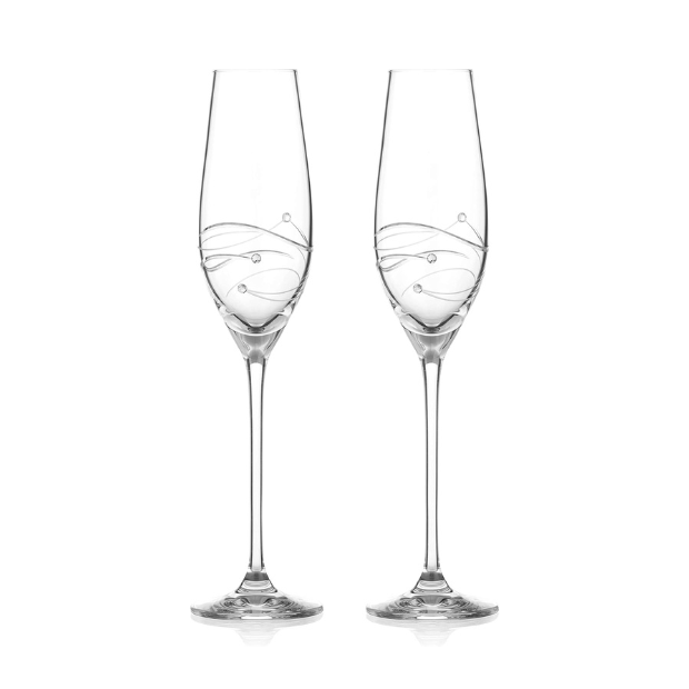 Glassware UK diamante champagne flutes with spiral design, displayed in a gift box, showcasing elegant, sparkling glassware.