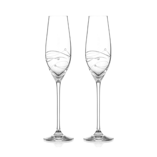 Glassware UK diamante champagne flutes with spiral design, displayed in a gift box, showcasing elegant, sparkling glassware.