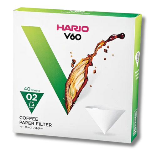 V60 coffee filter papers from Contact Coffee Company Ltd. arranged in a pack, suitable for pour-over brewing.