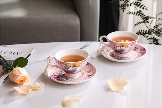 London Boutique Coffee Tea cup and Saucer set 2 Vintage Retro Rose porcelain set Gift Box (Vintage Summer)