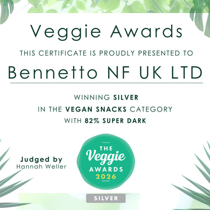 Bennetto Natural Foods UK 82% super dark chocolate bar with rich, smooth texture and deep cocoa flavor.