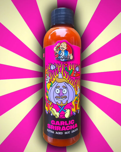 Close-up of XO Garlic Sriracha sauce bottle from Lou's Brews, showing the label and vibrant red condiment in a glass bottle.