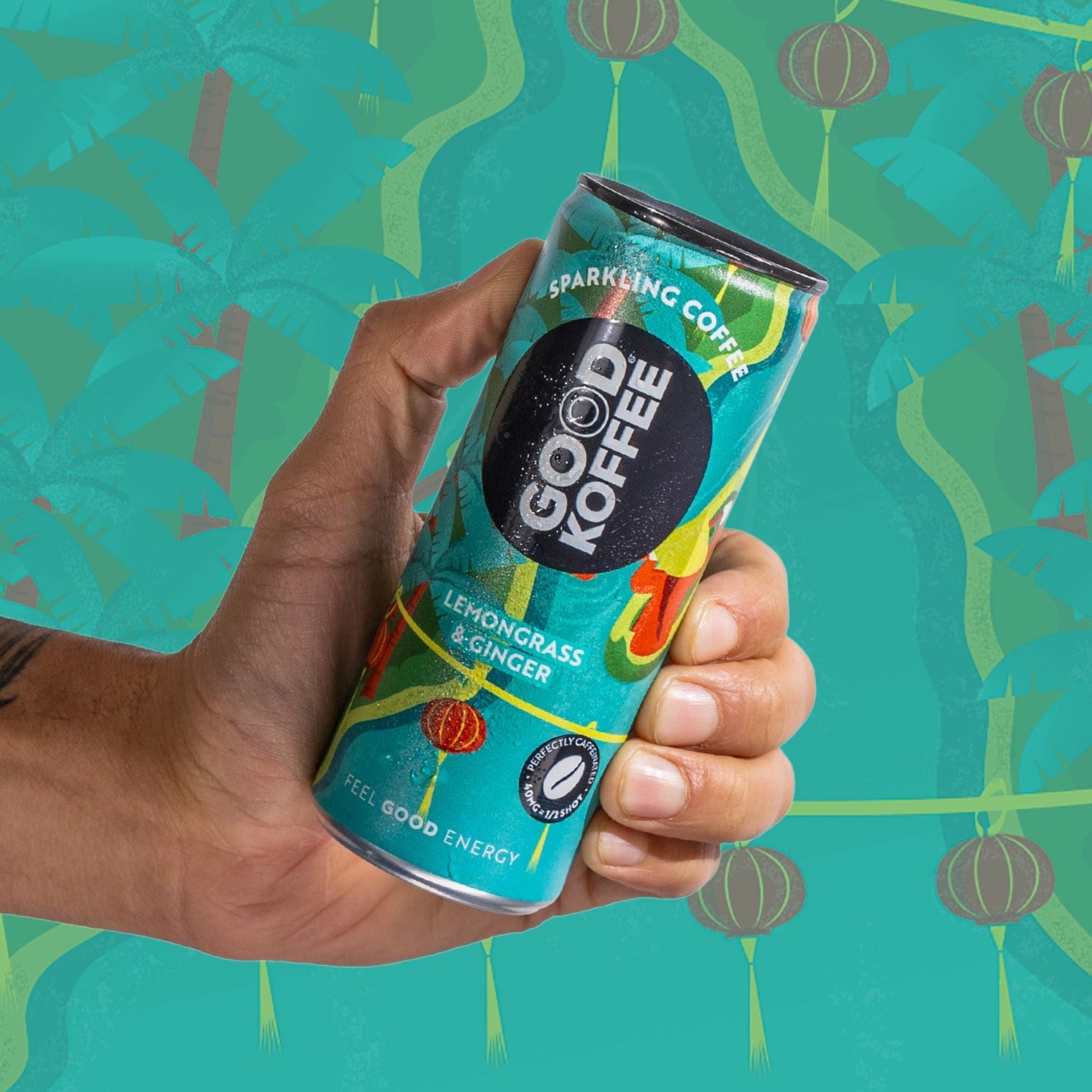 Sparkling coffee with lemongrass and ginger flavor from GOOD KOFFEE, featuring a vibrant Vietnam-themed design on the can.