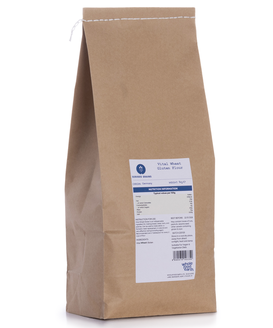 Vital Wheat Gluten Flour by Whole Food Earth, 1kg bag, showing the gluten flour packaging for baking and high-protein recipes.