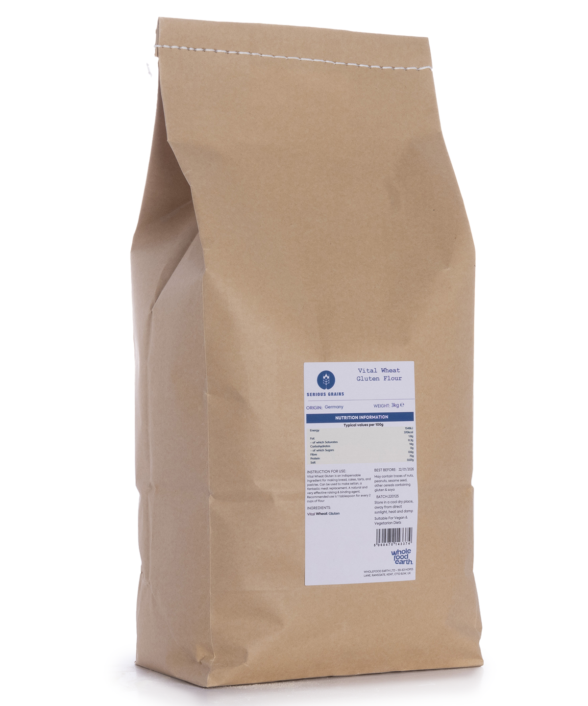 Vital wheat gluten flour from Whole Food Earth, 3kg package, showing a bag of high-protein gluten-rich flour for baking and cooking.