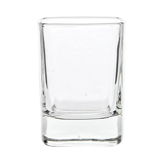 Set of six 60ml square shot glasses by Glassware UK, clear glass with modern geometric shape, perfect for serving spirits.