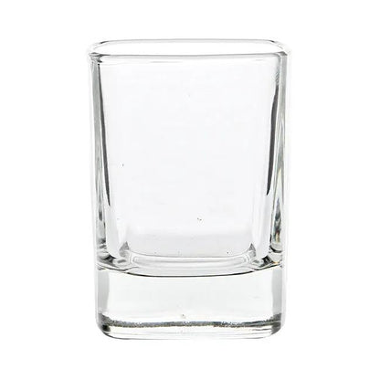 Set of six 60ml square shot glasses by Glassware UK, clear glass with modern geometric shape, perfect for serving spirits.