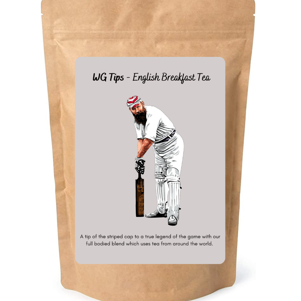 English Breakfast Tea bag with WG Tips label from Clubhouse Roastery, showing the tea packaging and branding.