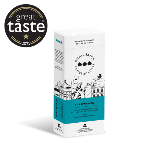 Small Batch Coffee Throwback Coffee Pods with retro packaging and a single star design, ideal for coffee lovers.