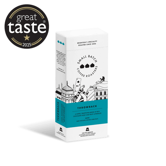 Small Batch Coffee Throwback Coffee Pods featuring colorful packaging and a close-up view of the coffee pod design.