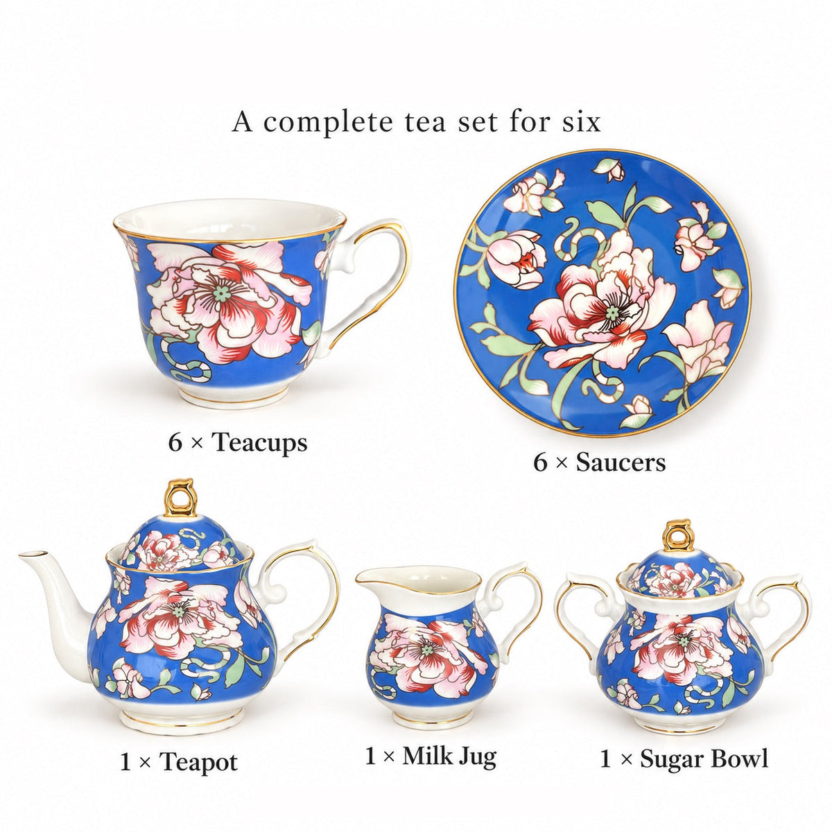 Rosewood Garden Tea Set for 6 by KitchBoom, including 15 pieces of teapots, cups, and saucers arranged on a table.