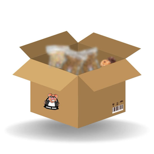 Cool Hog Snacks XL mystery box with assorted snacks and products, featuring a variety of colorful snack packages and branding.