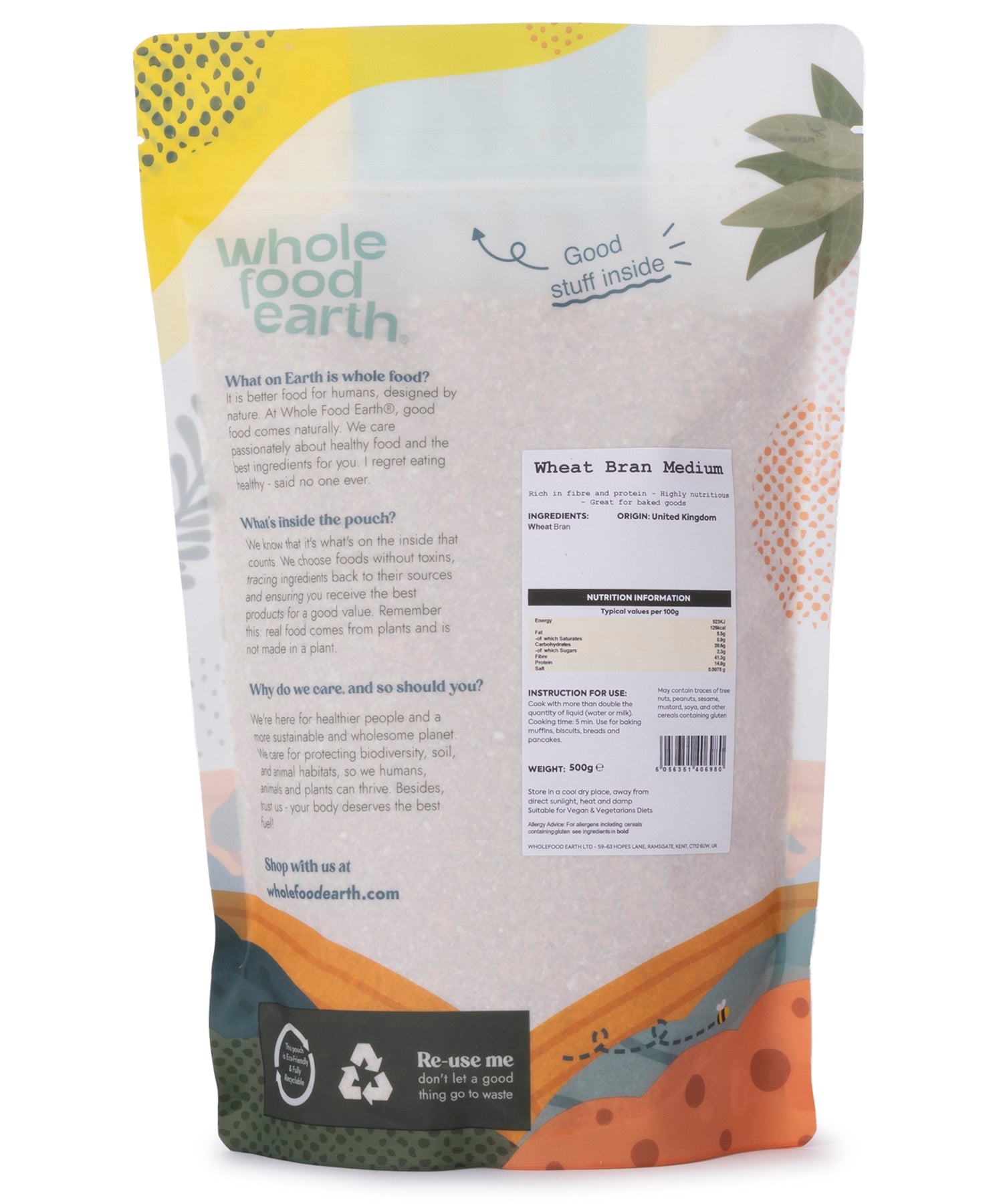 Medium wheat bran cereal from Whole Food Earth, showing a close-up of the light brown, textured wheat bran in a 500g package.