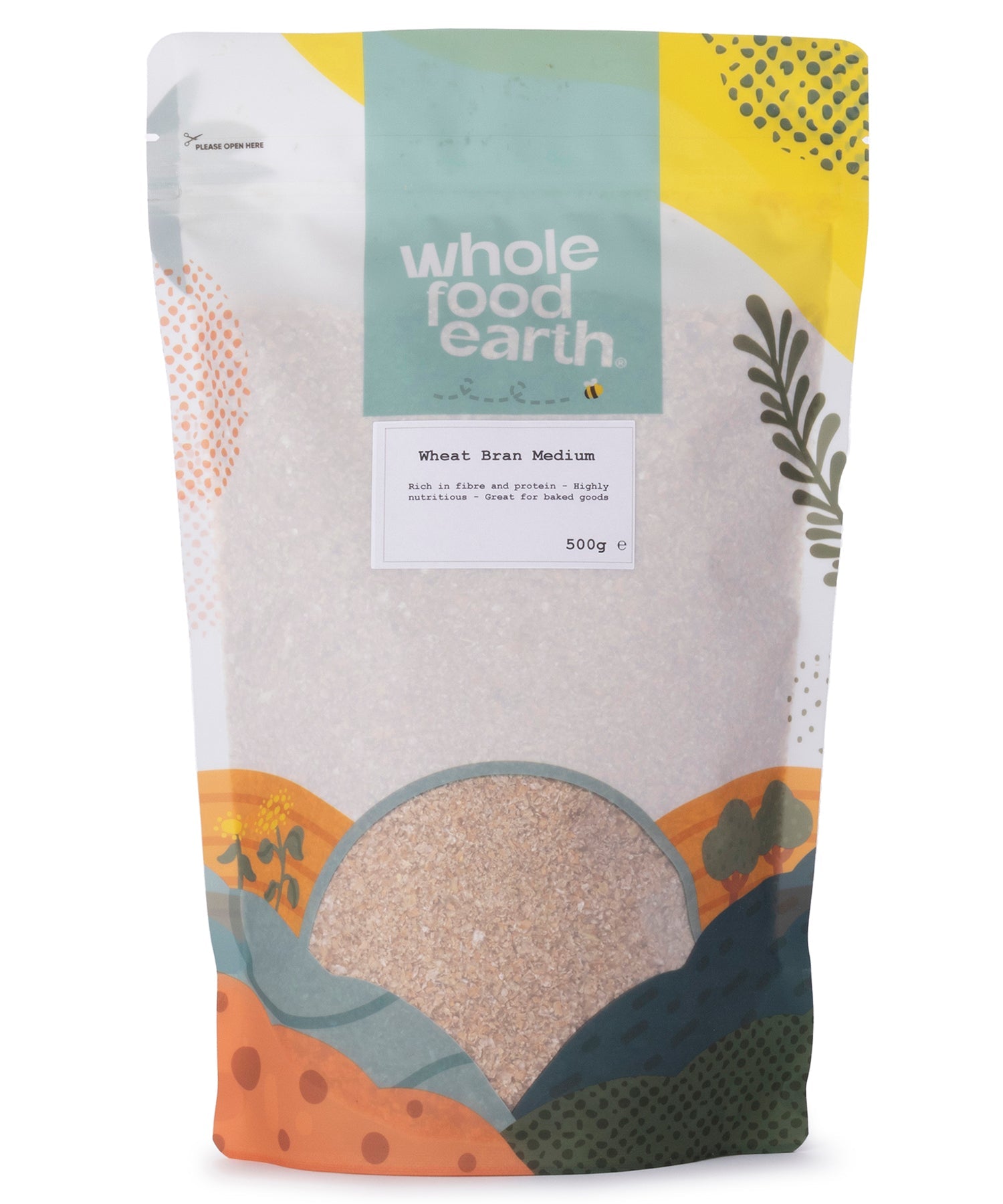 Medium wheat bran cereal from Whole Food Earth in a 500g package, showing the light brown textured wheat bran.