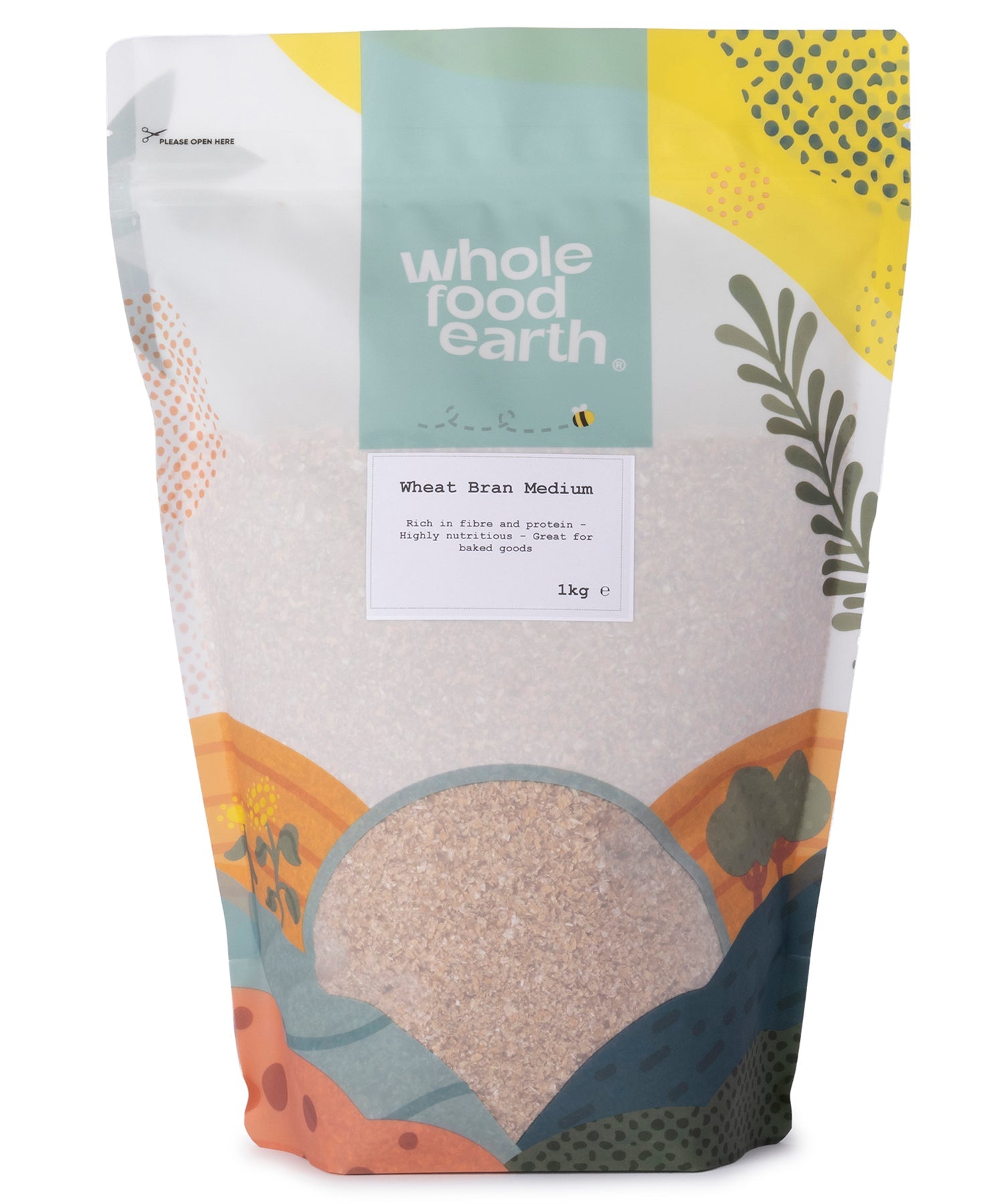 Whole Food Earth Wheat Bran Medium cereal package, 1kg, with a close-up of the product label and packaging design.