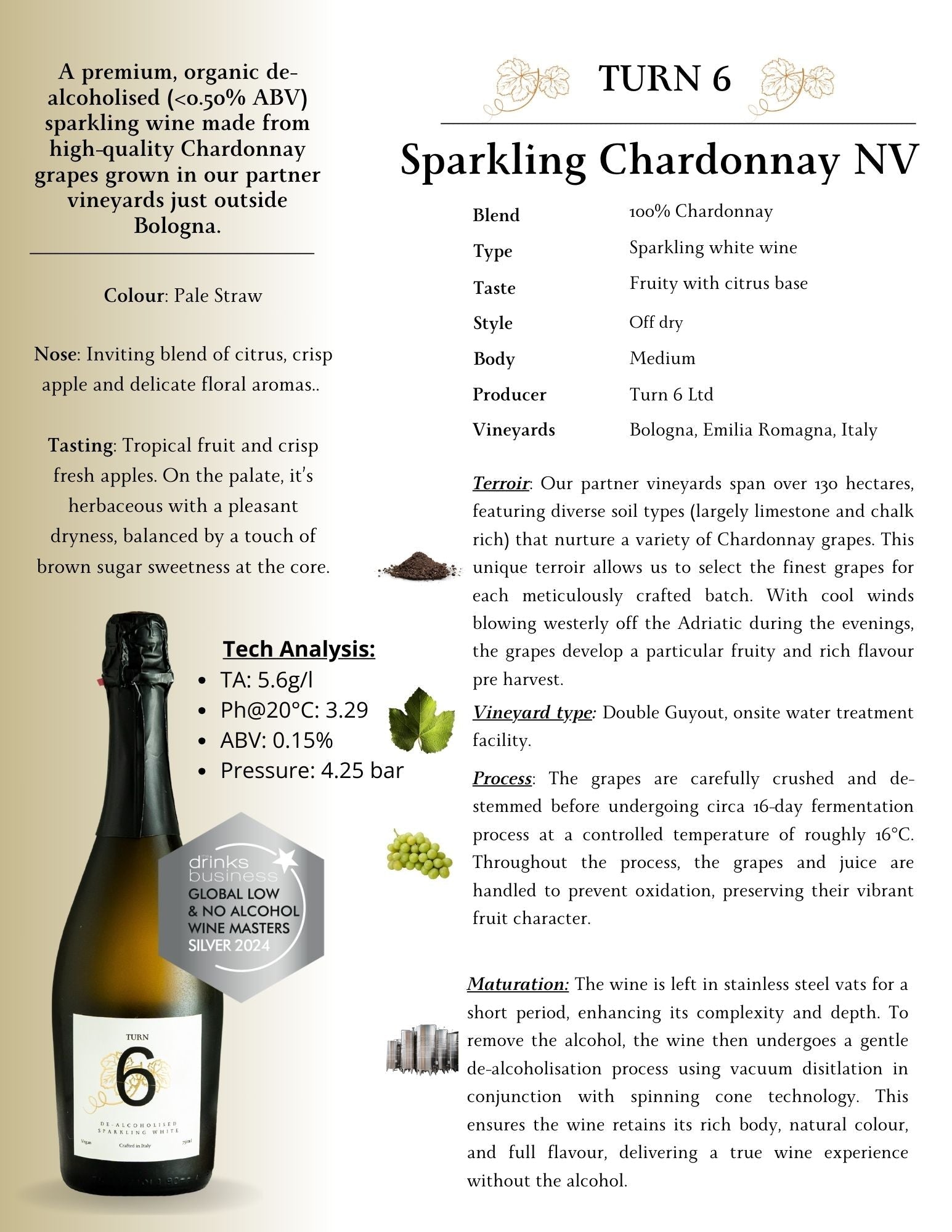 Clear image of a bottle of Turn 6 alcohol-free sparkling white wine with a white label and elegant design.