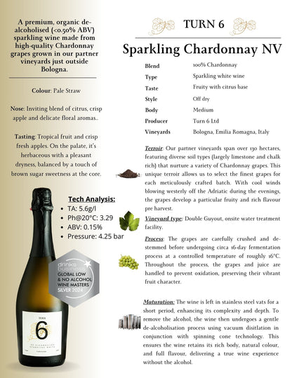 Clear image of a bottle of Turn 6 alcohol-free sparkling white wine with a white label and elegant design.