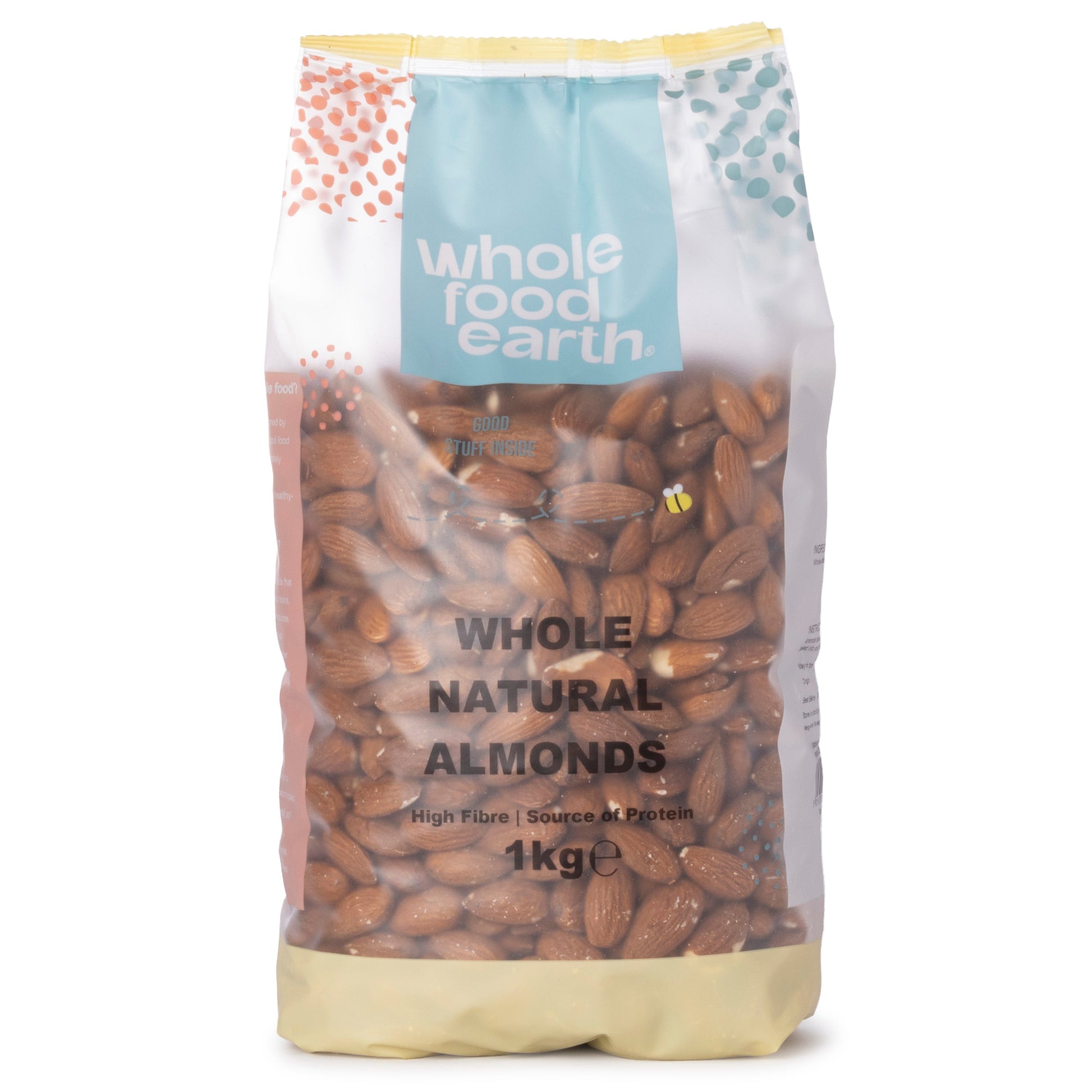 Whole Food Earth natural almonds in a 1kg bag, raw whole almonds from nuts and seeds category, fresh and unroasted