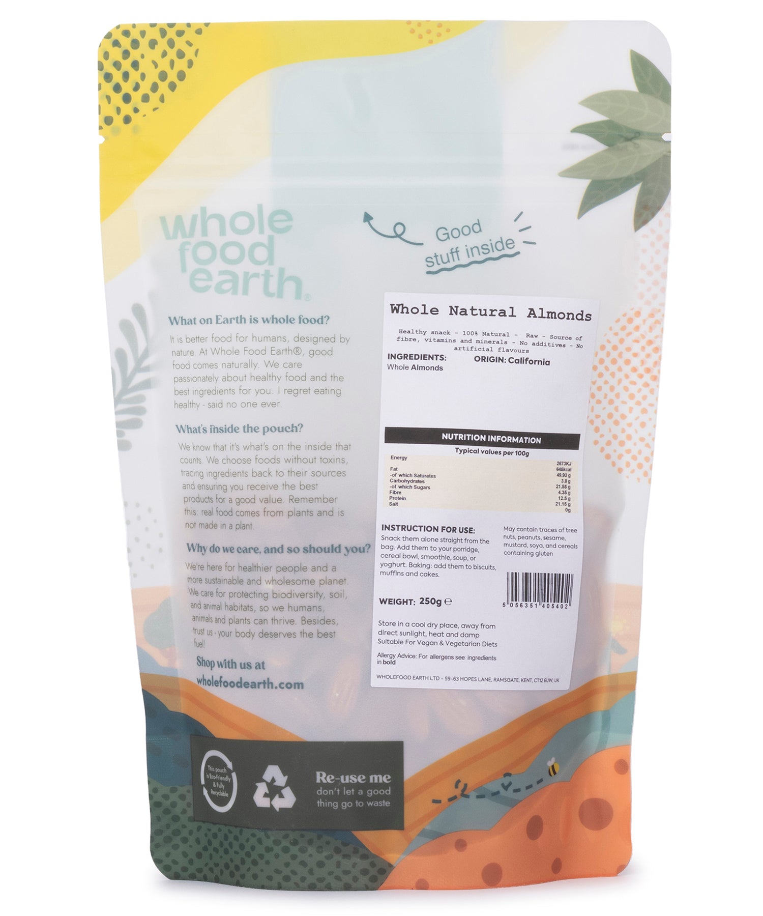 Bowl of whole natural almonds from Whole Food Earth, raw and unroasted nuts in a clear container, fresh and crunchy.