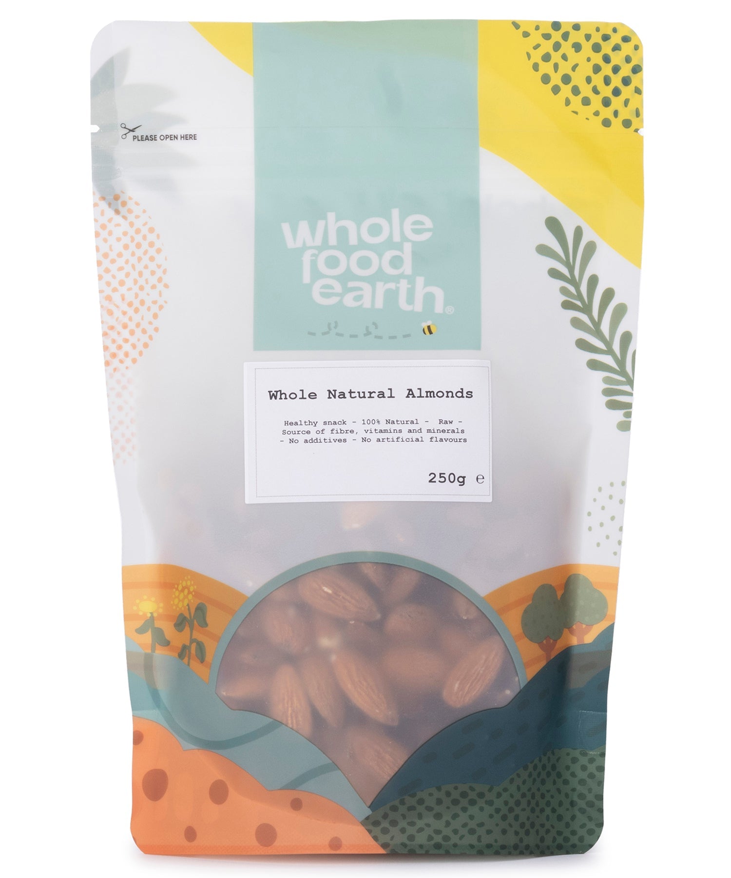 Whole Food Earth whole natural almonds in a 250g pack, showing fresh, raw almonds with brown shells and textured surface.