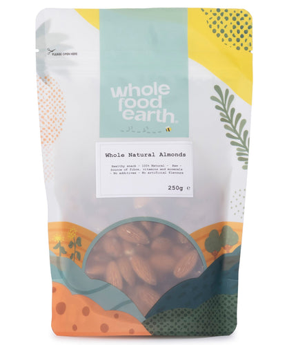 Whole Food Earth whole natural almonds in a 250g pack, showing fresh, raw almonds with brown shells and textured surface.