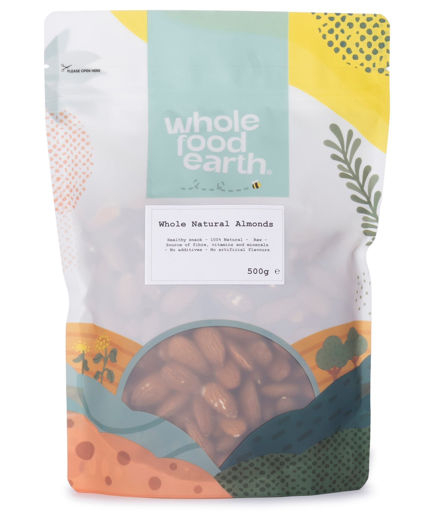 Whole Food Earth natural almonds in a 500g bag, showing whole, raw almonds with brown shells and textured surface.