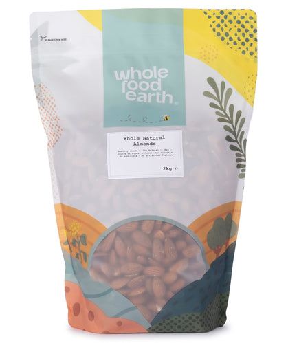 Two kilograms of Whole Food Earth natural almonds in a clear bag, showing whole, unroasted almonds from the Nuts & Seeds category.