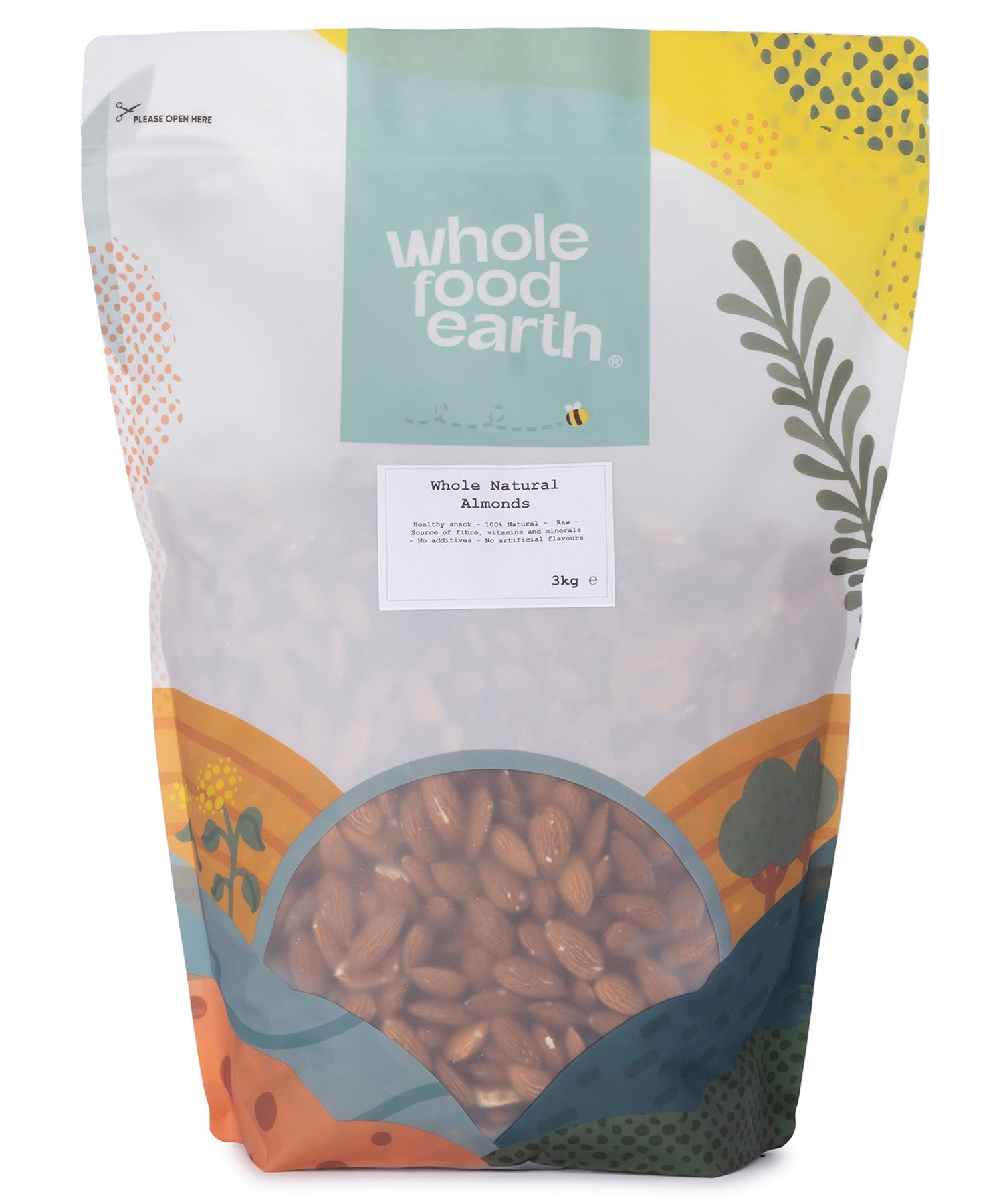 Whole Food Earth natural almonds in a 3kg bag, close-up of raw, whole almonds from the Nuts & Seeds category.