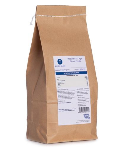Wholemeal rye flour in a 500g bag from Whole Food Earth, stoneground, labeled Wholemeal Rye Flour 100% by Serious Grains.