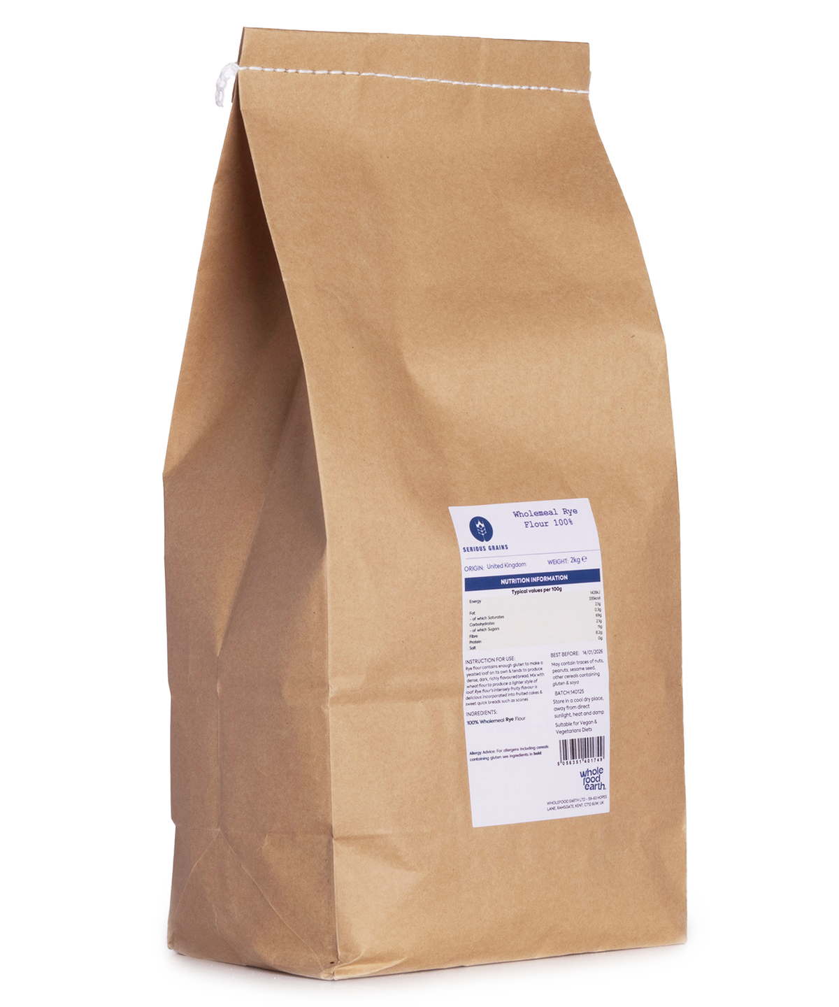 Wholemeal rye flour in a 2kg bag from Whole Food Earth, stoneground, with a textured surface and label showing product details.